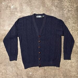 Oscar de la Renta Dark Blue Cardigan with Brown Buttoning